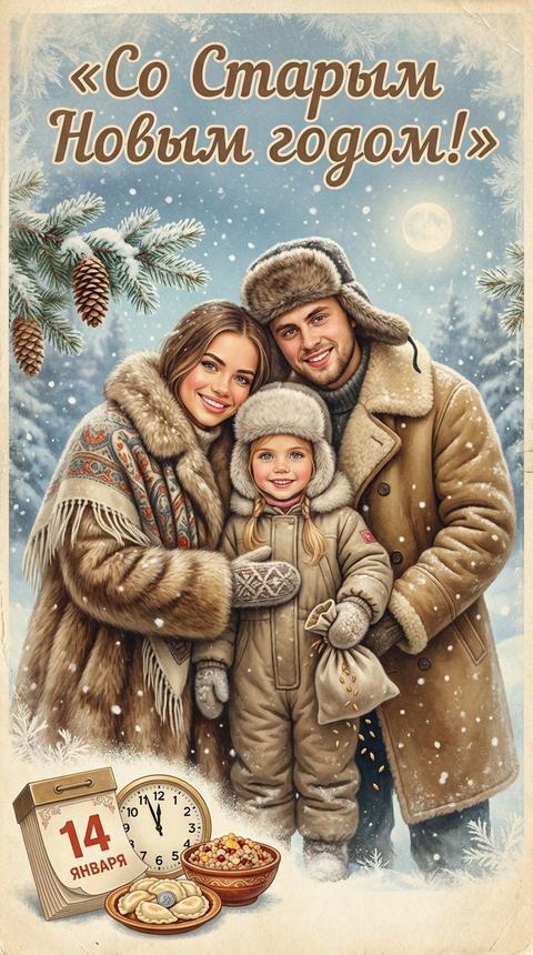 Сделай из этой фотографии винтажную  открытку в сказочном стиле, предназначенную для подарка.

ЛЮДИ (КРИТИЧЕСКИ ВАЖНО)

Используй загруженную фотографию как единственный и единственно допустимый визуальный источник людей.
В изображении должно быть ровно столько людей, сколько на исходной фотографии — ни больше и ни меньше.

Сохрани:
 • количество людей
 • их лица
 • возраст
 • индивидуальные черты

Каждый человек изображён один раз, лица не повторяются, не копируются и не дублируются.

Лица:
 • полностью узнаваемые
 • фотореалистичные
 • естественные
 • с сохранённой мимикой
 • без иллюстративной или рисованной стилизации

❌ Запрещено:
 • добавлять новых людей
 • добавлять фоновых персонажей
 • добавлять силуэты, отражения
 • добавлять фигуры в окнах или на заднем плане Композиция очень близкая и тёплая: лица рядом, лёгкие улыбки, ощущение семейного уюта в мороз.




ОДЕЖДА

Полностью замени одежду и обувь всех людей на светлую зимнюю меховую одежду в духе СССР:
 • меховые шапки
 • тёплая меховая шуба
 • пальто
• пуховой платок из натурального козьего пуха, мягкая фактура пуха читается

 • зимние комбинезоны с закрытыми ступнями  

Одежда:
 • чистая
 • опрятная
 • праздничная

Подбирается индивидуально для каждого человека, строго по полу и возрасту.
❌ Новые люди не добавляются.

Фон и атмосфера:
Заснеженный пейзаж, хвойные ветки с шишками, мягкий снег, лёгкая морозная дымка. Палитра тёплая (медово-золотистые блики + холодные голубые тени снега), уютный контраст “тепло в холоде”.

Ключевые элементы именно Старого Нового года (добавить как детали открытки, без новых людей):
 1. Отрывной советский календарь (маленькой деталью сбоку/внизу, как вставка на открытке): листок с датой «14 января» (ощущение “второго Нового года”).  
 2. Тонкий намёк на ночь 13→14 января: маленькие винтажные часы/циферблат в декоре открытки показывают 23:55, праздничное предвкушение.  
 3. Посевание на удачу: у мальчика в ладошке/у края кадра маленький мешочек/сито с пшеничным зерном, несколько зёрен “разлетаются” (очень аккуратно, как символ достатка и счастья в новом году).  
 4. Праздничная виньетка внизу (как иллюстративный уголок открытки): блюдце с варениками “с сюрпризом” (один слегка приоткрыт, видна условная “монетка/сахар” как знак гадания), рядом маленькая мисочка кутьи/зерновой каши (зерно + изюм/орехи).  
 5. Лёгкий “щедрый вечер”-декор без персонажей: маленькая звёздочка-украшение/колокольчики на хвое (как символ праздничных обходов и щедрования, без добавления людей).  

Надпись:
Крупно сверху красивой винтажной типографикой:
«Со Старым Новым годом!»

Стиль печати:
Старинная советская открытка 1950–1970-х: лёгкая фактура бумаги, мягкая печать, чуть заметное зерно/потёртость, тёплый тон, аккуратная виньетка по краям, без современной “глянцевости”.

Формат: 9:16