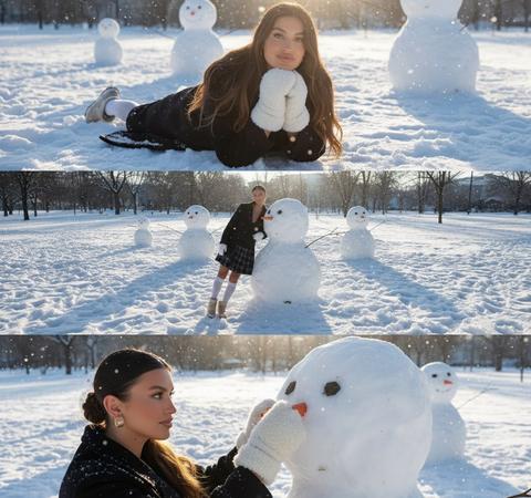 Стиль Y2K 
Коллаж из трёх горизонтальных фотографий, расположенных одна над другой, как единое изображение. Реалистичные зимние фото, естественная кожа и черты лица без глянцевой ретуши, сохранить моё реальное лицо. Съёмка днём на заснеженном поле/парке, вокруг много белого снега и слепленных снеговиков, лёгкий снег падает в кадре.

Верхний кадр: я лежу на животе в снегу, опираясь на локти и сложив руки перед собой в белых пушистых варежках. На мне тёмное пальто или куртка,  распущенные волосы рассыпаны по плечам. Я смотрю прямо в камеру спокойным мягким взглядом. На заднем плане видны несколько снеговиков, немного размытые.

Средний кадр: я стою в полный рост, опираясь спиной или плечом на большого снеговика. На мне тёмный верх и клетчатая тёмная юбка до колен, белые гольфы и светлые зимние ботинки. Рядом в линию стоят еще несколько одинаковых снеговиков, уходящих вдаль, отбрасывают длинные тени на снег. На заднем плане деревья без листьев и здания, зимний парк.

Нижний кадр: крупный план сбоку, я в белых варежках прикрепляю к снеговику морковку вместо носа, держу её рукой. Лицо снеговика крупно: круглый белый шар, маленькие чёрные глазки. Рядом в кадре моё лицо, я смотрю в камеру, волосы слегка покрыты снежинками.

Освещение во всех кадрах — мягкий зимний дневной свет с тёплым солнечным отблеском сбоку или сзади, лёгкий контровый свет, из-за которого вокруг волос и снега появляется мягкое сияние. Снег яркий, но без пересвета, тени мягкие. Высокое качество, но реалистичное: видно текстуру кожи, волос, снега и одежды, лёгкий эффект объективной съёмки, ни фильтров, ни размытия черт лица. Коллаж из трёх горизонтальных фото сразу, всё то же, но с моим лицом.