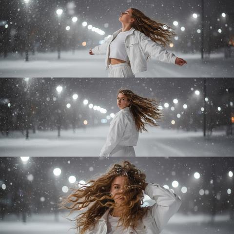 Не меняй черты лица, оставь их точь в точь как на загруженном фото.
﻿﻿Фото в стиле триптиха, на котором изображена
﻿﻿женщина в ночном зимнем городе где сверкает множество фонарей , она идет по трассе . На верхней панели изображена женщина по грудь, в профиль, расположенная в правой части кадра. Она запрокинула голову назад и закрыв глаза будто смотрит в небо разведя руки в стороны.

На ней белая свободная куртка,  белые спортивные оверсайз джоггеры. 
Ее волосы развеваются на ветру закрывая лицо. На заднем плане ночной город полный ярких фонарей , где спокойно и нет людей в небе идут хлопья снега, На средней панели изображена всё та же женщина со спины, смотрящая в кадр . На фоне все усыпано снегом
по ночному городу. Её  волосы сильно развеваются на ветру в них запутались снежинки . На заднем плане нижней панели, крупным планом, изображено лицо всё той же женщины, частично скрытое развевающимися на ветру волосами в них немного снежинок  , которая смотрит прямо на зрителя. Правой рукой она придерживает волосы
Ночной Город и небо создают
( нейтральный, угрюмый фон для фотографии в натуралистическом стиле и при мягком освещении.
Использовать лицо с фото на 100% , не изменяя черты лица