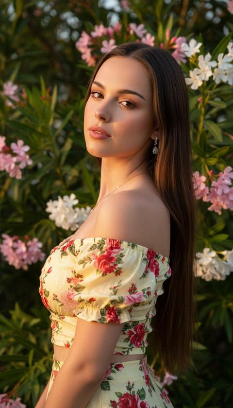 Не меняя внешности женщины с фото, перед нами предстает молодая девушка с длинными волосами, свободно ниспадающими по ее спине, которые мягко освещены естественным солнечным светом, придающим им глубокий блеск и объем. Она повернулась в три четверти, слегка приподнимая подбородок и устремив взгляд в сторону камеры, что создает впечатление задумчивости и спокойной уверенности. Ее выразительные глаза подчеркнуты деликатным макияжем теплых тонов, а губы имеют мягкий матовый оттенок, идеально гармонирующий с ее загорелой и сияющей кожей, на которой играют теплые блики вечернего солнца, создавая тонкую игру света и тени, подчеркивающую плавность контуров лица и изящность шеи. Девушка одета в светло-желтый летний комплект из тонкой, слегка блестящей ткани с ярким цветочным принтом роз и зелени, состоящий из короткого топа с пышными рукавами на резинке, оголяющего плечи и часть живота, и гармонично сочетающейся с ним юбки, детали которой видны лишь частично. Ткань топа имеет легкую фактуру, создающую нежные складки и подчеркивающую женственные линии фигуры. Отдельное внимание привлекает ее тонкая золотистая цепочка с кулоном и изящные серьги с кристаллами, которые играют бликами на свету, добавляя образу легкую роскошь и утонченность. Фон заполнен пышной зеленью и пышным цветением олеандра, создавая атмосферу спокойствия и гармонии с природой, при этом мягкий боковой свет позднего дня придает всему кадру теплые золотистые оттенки, усиливая его живописность и выразительность. Композиция выдержана в стиле солнечного позднего вечера, когда последний дневной свет окутывает все вокруг нежным теплым светом, формируя тонкую игру теней на коже и ткани, что создает глубокий кинематографический эффект и привносит в портрет ощущение естественной красоты и безмятежности, фотореалистичное изображение, высокая текстурная детализация, высокое качество, разрешение 8K.
Сохрани полностью неизменными черты лица женщины, сходство 100% Не меняя внешности женщины с фото, перед нами предстает молодая девушка с длинными волосами, свободно ниспадающими по ее спине, которые мягко освещены естественным солнечным светом, придающим им глубокий блеск и объем. Она повернулась в три четверти, слегка приподнимая подбородок и устремив взгляд в сторону камеры, что создает впечатление задумчивости и спокойной уверенности. Ее выразительные глаза подчеркнуты деликатным макияжем теплых тонов, а губы имеют мягкий матовый оттенок, идеально гармонирующий с ее загорелой и сияющей кожей, на которой играют теплые блики вечернего солнца, создавая тонкую игру света и тени, подчеркивающую плавность контуров лица и изящность шеи. Девушка одета в светло-желтый летний комплект из тонкой, слегка блестящей ткани с ярким цветочным принтом роз и зелени, состоящий из короткого топа с пышными рукавами на резинке, оголяющего плечи и часть живота, и гармонично сочетающейся с ним юбки, детали которой видны лишь частично. Ткань топа имеет легкую фактуру, создающую нежные складки и подчеркивающую женственные линии фигуры. Отдельное внимание привлекает ее тонкая золотистая цепочка с кулоном и изящные серьги с кристаллами, которые играют бликами на свету, добавляя образу легкую роскошь и утонченность. Фон заполнен пышной зеленью и пышным цветением олеандра, создавая атмосферу спокойствия и гармонии с природой, при этом мягкий боковой свет позднего дня придает всему кадру теплые золотистые оттенки, усиливая его живописность и выразительность. Композиция выдержана в стиле солнечного позднего вечера, когда последний дневной свет окутывает все вокруг нежным теплым светом, формируя тонкую игру теней на коже и ткани, что создает глубокий кинематографический эффект и привносит в портрет ощущение естественной красоты и безмятежности, фотореалистичное изображение, высокая текстурная детализация, высокое качество, разрешение 8K.
Сохрани полностью неизменными черты лица женщины, сходство 100%