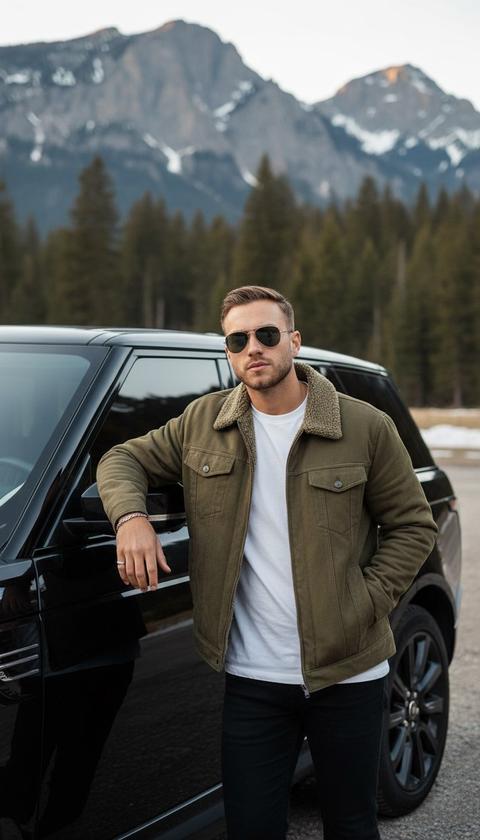 Спонтанный полноростовой кадр среднего плана молодого человека с короткими каштановыми волосами и классическими солнцезащитными очками-авиаторами, непринужденно прислонившегося к черному роскошному внедорожнику Range Rover с тонированными стеклами, на открытом воздухе в горно-лесном пейзаже. На нем оливково-зеленая дубленка поверх белой футболки и темные брюки, одна рука расслабленно лежит в кармане куртки, демонстрируя естественную текстуру кожи и аккуратный ухоженный вид. Теплый, угасающий послеполуденный свет мягко освещает его лицо и ткань куртки, а также детализированные поверхности шин и дверей автомобиля. На мягко размытом фоне заснеженная земля и вечнозеленые деревья обрамляют скалистые сине-серые горы, придавая аутентичную глубину с прохладной землистой палитрой. Композиция центрирована, но непринужденна, снята стандартным объективом с умеренной глубиной резкости, воплощая подлинную спонтанность и интимный реализм, характерные для непостановочной фотосъемки на iPhone.