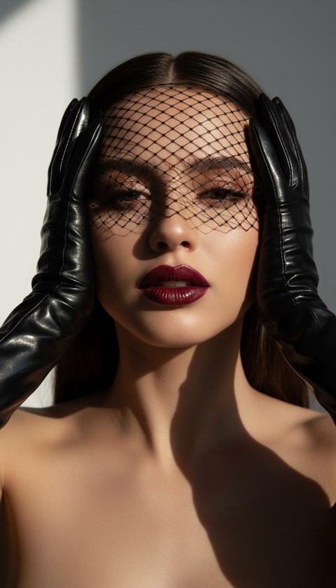 Создай портрет, не меняя черты лица. фешн-фотография крупным планом: молодая женщина в стиле "роковая женщина" (femme fatale). На лице прозрачная черная вуаль-сетка, пересекающая глаза. Губы накрашены глянцевой темно-красной, винной помадой. На руках облегающие черные латексные перчатки с влажным блеском, руки прижаты к голове. Драматичное освещение, высокий контраст, глубокие тени. Эстетика высокой моды, журнальная ретушь, минималистичный светлый фон. Создай портрет, не меняя черты лица. фешн-фотография крупным планом: молодая женщина в стиле "роковая женщина" (femme fatale). На лице прозрачная черная вуаль-сетка, пересекающая глаза. Губы накрашены глянцевой темно-красной, винной помадой. На руках облегающие черные латексные перчатки с влажным блеском, руки прижаты к голове. Драматичное освещение, высокий контраст, глубокие тени. Эстетика высокой моды, журнальная ретушь, минималистичный светлый фон.