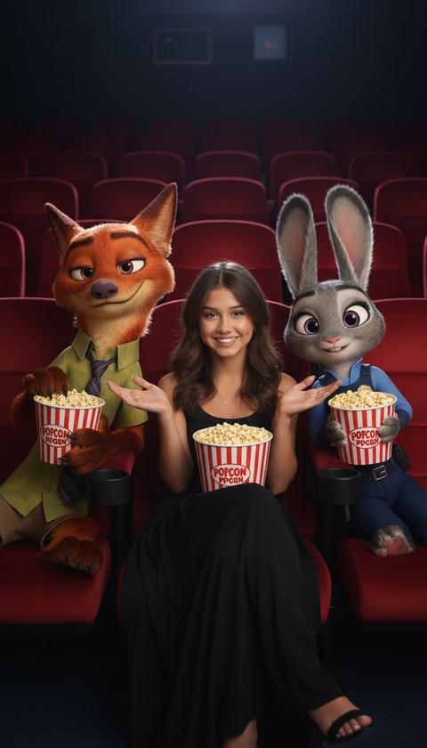 Создай изображение,максимально сохрани внешность и черты лица
Человек с изображения, находится в зрительном зале кинотеатра с красными сиденьями в центре кадра, в черном платье,а по обе стороны от него находятся два знаменитых персонажа Ник Уайлд (в зелёной рубашке и галстуке, с ухмылкой) и Джуди Хоппс (в полицейской форме) из мультфильма «Зверополис». Ник улыбается, сидя рядом, а Джуди с выражением дружелюбия также рядом. в руках держат ведра с попкорном, в динамичной и весёлой позе, как будто фото получилось случайно. На заднем плане видно красные кресла кинотеатра, создающие атмосферу, будто все сидят в кинозале. Атмосфера изображения спокойная и несколько уютная, с элементами ожидания и сосредоточенности.
Свет на фотографии мягкий и приглушенный, с акцентом на персонажей, что создаёт тёплую, почти интимную атмосферу. Фон затемнён, с красными креслами кинотеатра, что способствует ощущению уюта и сосредоточенности.