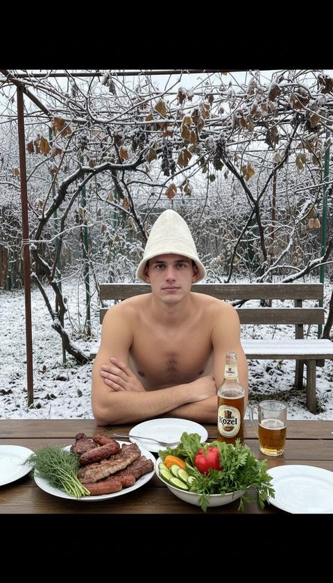 Не меняй черты лица. Фотореалистичная бытовая сцена: мужчина сидит за столом на даче или во дворе, по пояс обнажён, в банной шапке, руки скрещены и опираются на стол. Он смотрит прямо в камеру с расслабленным, спокойным выражением.
Перед ним накрытый стол: тарелки с жареным мясом и колбасками, свежие овощи и зелень, бутылка пива Kozel. Фон  зимний сад, виноградные заснеженные листья, деревянная скамейка. Естественный дневной свет, без постановки, атмосфера простоты, отдыха и домашнего уюта. Реализм, casual lifestyle, без студийной обработки.