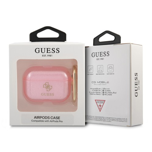 Чехол Guess Transparent Glitter 4G с карабином для Airpods Pro, розовый