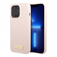 Чехол Guess Liquid Silicone Plate metal logo Hard для iPhone 13 Pro, розовый (Magsafe)