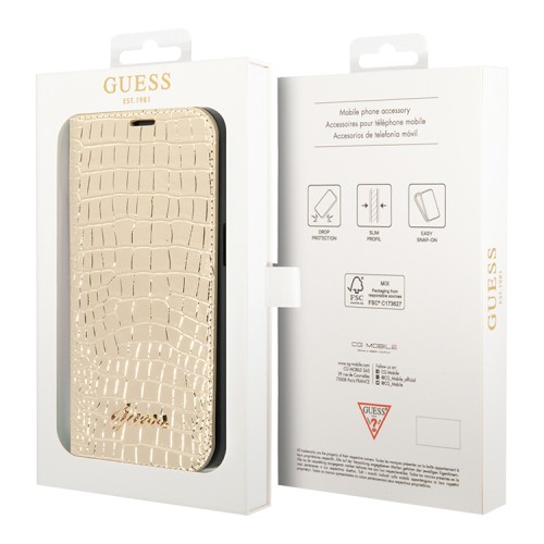 Чехол Guess PU Croco metal logo Booktype для iPhone 14 Pro, золотой