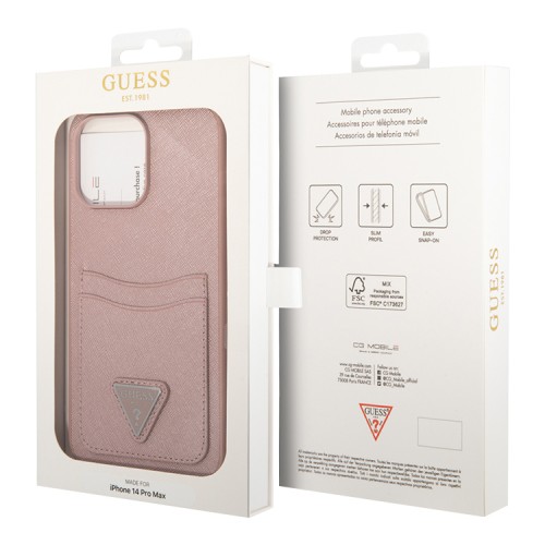 Чехол Guess PU Saffiano Double cardslot w Metal triangle logo Hard для iPhone 14 Pro Max, розовый