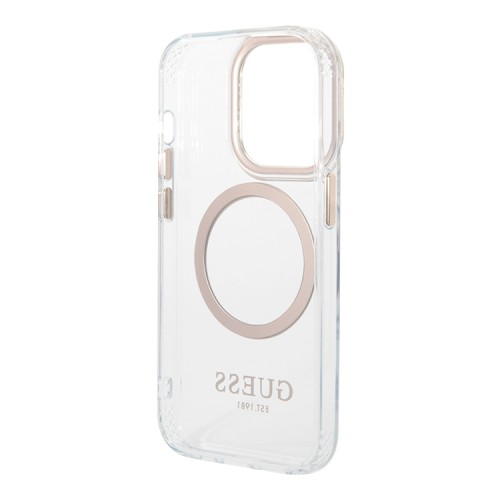 Чехол Guess Metal outline Hard для iPhone 14 Pro, прозрачный/золотой (MagSafe)