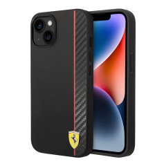Чехол Ferrari PU Smooth/Carbon Vertical with metal logo Hard для iPhone 14, черный