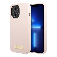 Чехол Guess Liquid Silicone Plate metal logo Hard для iPhone 13 Pro Max, розовый (Magsafe)
