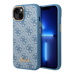 Чехол Guess PU 4G Script metal logo Hard для iPhone 14, голубой