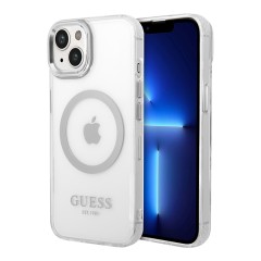 Чехол Guess Metal outline Hard для iPhone 14 Plus, прозрачный/серебристый (MagSafe)