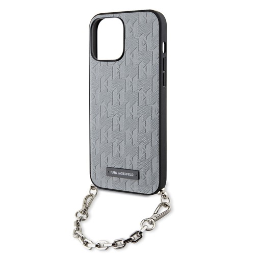 Чехол Lagerfeld PU Saffiano Monogram + Wrist chain Hard для iPhone 14 Pro Max, серебристый