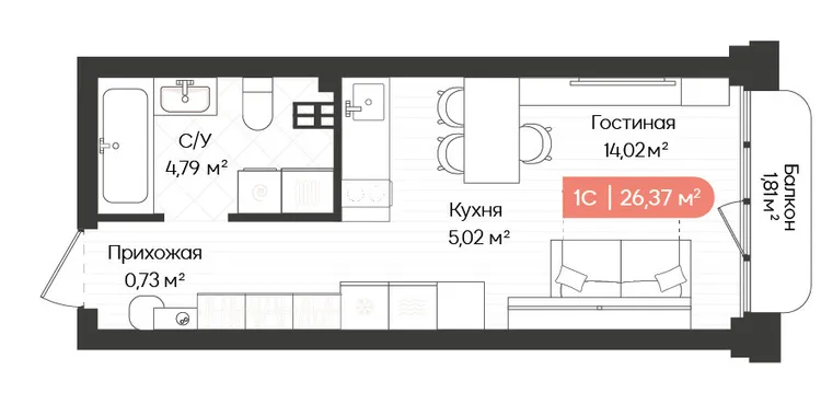 Студия 26,37&nbsp;м² — изображение 1