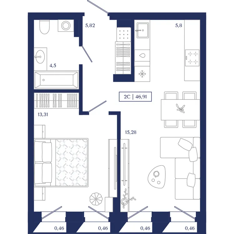 1-к 46,91&nbsp;м² — изображение 1