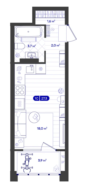 Студия 27,3 м² — изображение 1