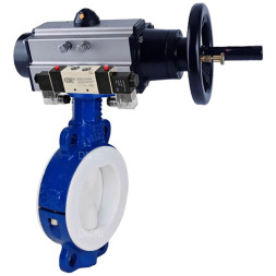 Затвор дисковый поворотный WBV3434Pf-2W-Fb-R Ду150 Ру16 корпус - углеродистая сталь WCB, диск - углеродистая сталь WCB, футерованный PTFE, уплотнение - PTFE, с пневмоприводом PA-DA-105-1, с пневмораспределителем 4V320-10 AC220V