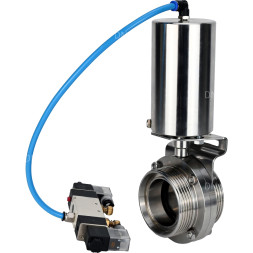 Затвор дисковый поворотный WBV3131S-2W-T-H Ду65 Ру10 резьбовой, пищевая нержавеющая сталь 304, уплотнение – Silicon, с пневмоприводом PA-SA-85 и пневмораспределителем 4V320-10 AC220V