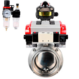 Затвор дисковый поворотный WBV3131E-2W-T-H Ду25 Ру10 резьбовой, пищевая нержавеющая сталь 304, уплотнение – EPDM, с пневмоприводом PA-DA-065, пневмораспределителем 4V320-10 AC220V, БКВ APL-510N EX и БПВ AFC2000