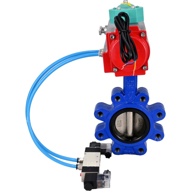 Затвор дисковый поворотный WBV1616N-2W-Fb-H Ду125 Ру16 LUG корпус - чугун QT450, диск - чугун QT450, уплотнение - NBR, с пневмоприводом PA-DA-105, пневмораспределителем 4V320-10 AC220V и магнитным переключателем ALS200D в Алматы