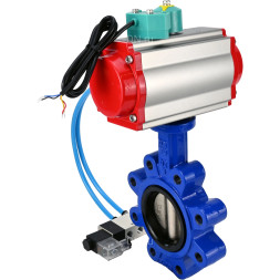 Затвор дисковый поворотный WBV1616N-2W-Fb-H Ду125 Ру16 LUG корпус - чугун QT450, диск - чугун QT450, уплотнение - NBR, с пневмоприводом PA-DA-105, пневмораспределителем 4V320-10 AC220V и магнитным переключателем ALS200D