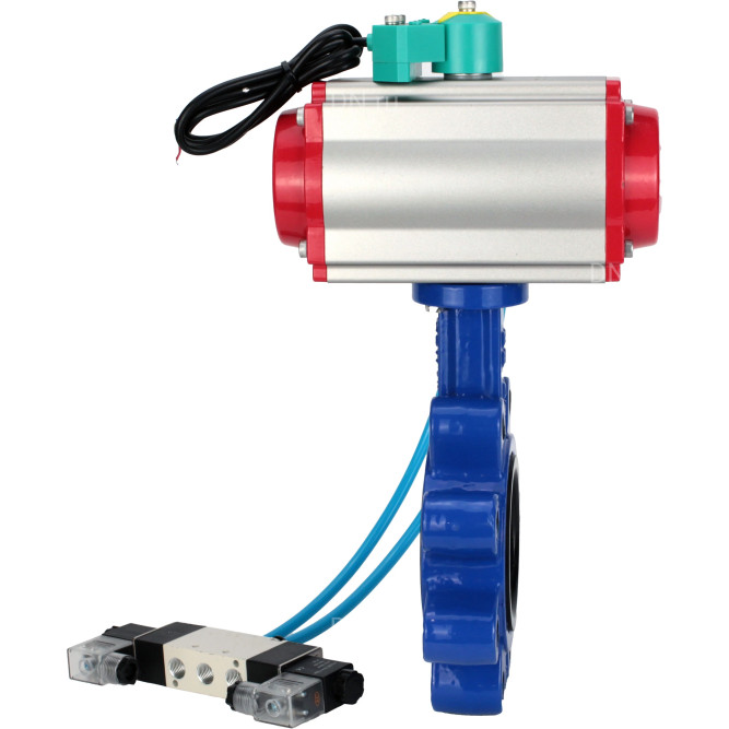 Затвор дисковый поворотный WBV1631E-2W-Fb-H Ду150 Ру16 LUG корпус - чугун QT450, диск - нержавеющая сталь 304, уплотнение - EPDM, с пневмоприводом PA-DA-105, пневмораспределителем 4V320-08 AC220V и магнитным переключателем ALS200D в Алматы