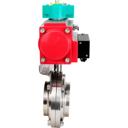 Затвор дисковый поворотный WBV3131E-2W-T-H Ду32 Ру10 резьбовой, пищевая нержавеющая сталь 304, уплотнение - EPDM, с пневмоприводом PA-DA-052, пневмораспределителем 4M310-08 AC220V и магнитным переключателем ALS200D