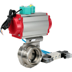 Затвор дисковый поворотный WBV3131E-2W-T-H Ду25 Ру10 резьбовой, пищевая нержавеющая сталь 304, уплотнение - EPDM, с пневмоприводом PA-DA-052, пневмораспределителем 4V320-08 AC220V и магнитным переключателем ALS200D