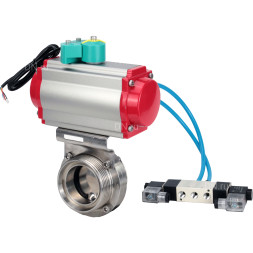 Затвор дисковый поворотный WBV3131E-2W-T-H Ду25 Ру10 резьбовой, пищевая нержавеющая сталь 304, уплотнение - EPDM, с пневмоприводом PA-DA-052, пневмораспределителем 4V320-08 AC220V и магнитным переключателем ALS200D