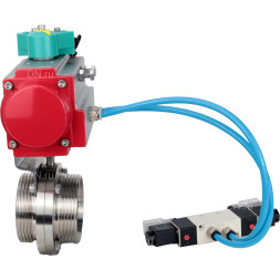 Затвор дисковый поворотный WBV3131E-2W-T-H Ду25 Ру10 резьбовой, пищевая нержавеющая сталь 304, уплотнение - EPDM, с пневмоприводом PA-DA-052, пневмораспределителем 4V320-08 AC220V и магнитным переключателем ALS200D