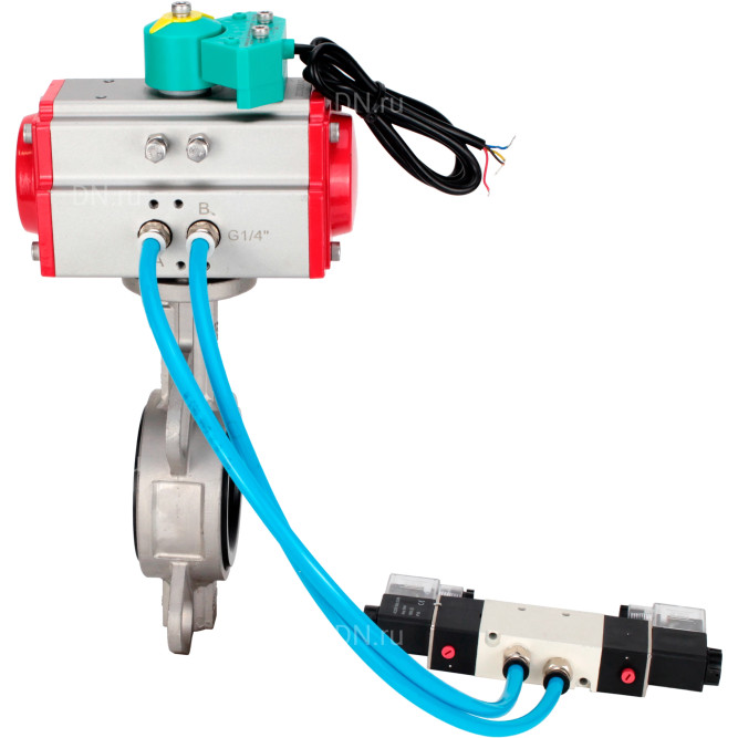 Затвор дисковый поворотный WBV3131N-2W-Fb-H Ду100 Ру16 корпус - нержавеющая сталь 304, диск - нержавеющая сталь 304, уплотнение - NBR, с пневмоприводом PA-DA-083, пневмораспределителем 4V320-08 AC220V и магнитным переключателем ALS200D в Алматы