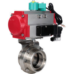 Затвор дисковый поворотный WBV3131S-2W-T-H Ду32 Ру10 резьбовой, пищевая нержавеющая сталь 304, уплотнение - Silicon, с пневмоприводом PA-DA-052, пневмораспределителем 4M310-08 AC220V и магнитным переключателем ALS200D