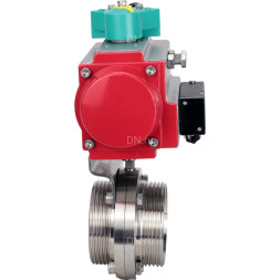 Затвор дисковый поворотный WBV3131S-2W-T-H Ду32 Ру10 резьбовой, пищевая нержавеющая сталь 304, уплотнение - Silicon, с пневмоприводом PA-DA-052, пневмораспределителем 4M310-08 AC220V и магнитным переключателем ALS200D