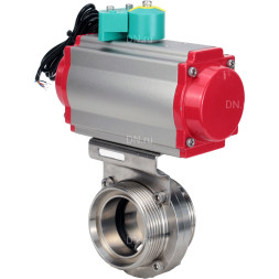 Затвор дисковый поворотный WBV3131S-2W-T-H Ду32 Ру10 резьбовой, пищевая нержавеющая сталь 304, уплотнение - Silicon, с пневмоприводом PA-DA-052, пневмораспределителем 4M310-08 AC220V и магнитным переключателем ALS200D