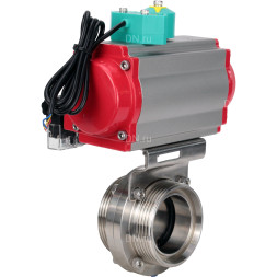 Затвор дисковый поворотный WBV3131S-2W-T-H Ду32 Ру10 резьбовой, пищевая нержавеющая сталь 304, уплотнение - Silicon, с пневмоприводом PA-DA-052, пневмораспределителем 4M310-08 AC220V и магнитным переключателем ALS200D