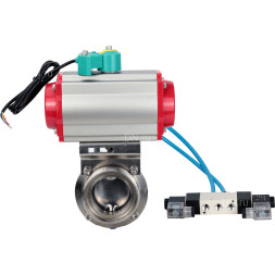Затвор дисковый поворотный WBV3131S-2W-T-H Ду15 Ру10 резьбовой, пищевая нержавеющая сталь 304, уплотнение - Silicon, с пневмоприводом PA-DA-052, пневмораспределителем 4V320-08 AC220V и магнитным переключателем ALS200D