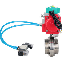 Затвор дисковый поворотный WBV3131S-2W-T-H Ду25 Ру10 резьбовой, пищевая нержавеющая сталь 304, уплотнение - Silicon, с пневмоприводом PA-DA-052, пневмораспределителем 4V320-08 AC220V и магнитным переключателем ALS200D