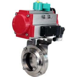 Затвор дисковый поворотный WBV3131S-2W-W-H Ду32 Ру10 под приварку, пищевая нержавеющая сталь 304, уплотнение - Silicon, с пневмоприводом PA-DA-052, пневмораспределителем 4M310-08 AC220V и магнитным переключателем ALS200D