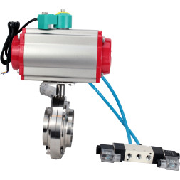 Затвор дисковый поворотный WBV3131S-2W-W-H Ду32 Ру10 под приварку, пищевая нержавеющая сталь 304, уплотнение - Silicon, с пневмоприводом PA-DA-052, пневмораспределителем 4V320-08 AC220V и магнитным переключателем ALS200D