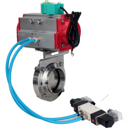 Затвор дисковый поворотный WBV3131S-2W-W-H Ду32 Ру10 под приварку, пищевая нержавеющая сталь 304, уплотнение - Silicon, с пневмоприводом PA-DA-052, пневмораспределителем 4V320-08 AC220V и магнитным переключателем ALS200D