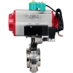Затвор дисковый поворотный WBV3131S-2W-W-H Ду32 Ру10 под приварку, пищевая нержавеющая сталь 304, уплотнение - Silicon, с пневмоприводом PA-DA-052, пневмораспределителем 4V320-08 AC220V и магнитным переключателем ALS200D