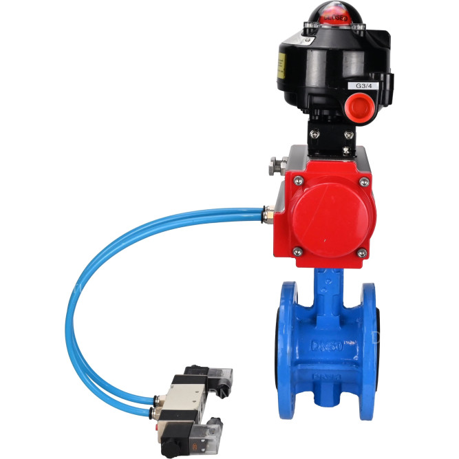 Затвор дисковый поворотный WBV1313E-2W-F-H Ду125 Ру16 фланцевый, корпус - чугун GGG40, диск - чугун GGG40, уплотнение - EPDM, с пневмоприводом PA-DA-130, пневмораспределителем 4V320-10 AC220V и БКВ APL-510N EX в Алматы