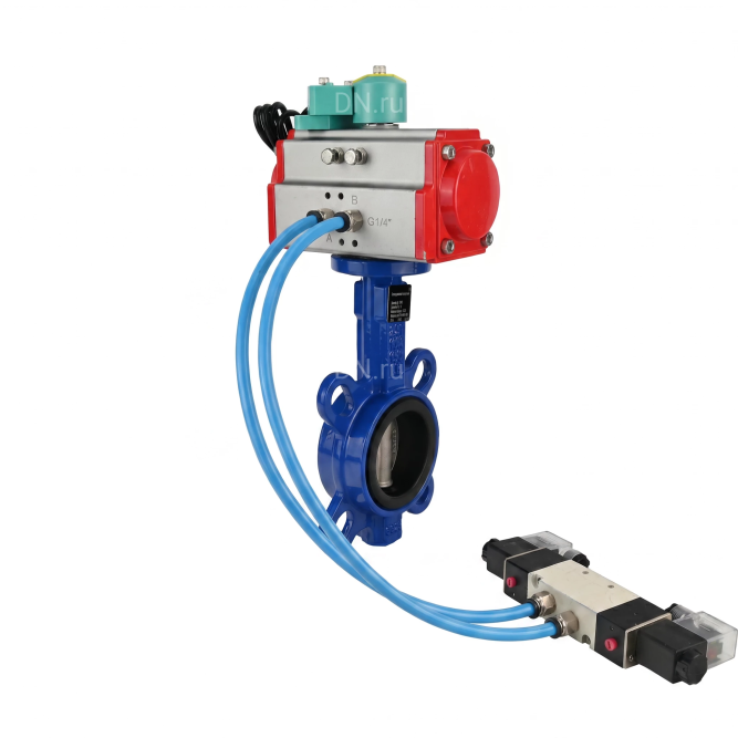 Затвор дисковый поворотный WBV1132N-2W-Fb-H Ду50 Ру16 корпус - чугун GG25, диск - нержавеющая сталь 316L, уплотнение - NBR, с пневмоприводом PA-SA-083, пневмораспределителем 4V320-08 AC220V и магнитным переключателем ALS200D в Алматы