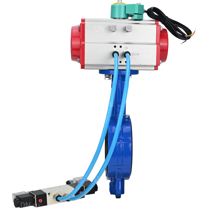 Затвор дисковый поворотный WBV1432N-2W-Fb-H Ду40 Ру16 корпус - чугун GGG50, диск - нержавеющая сталь 316L, уплотнение - NBR, с пневмоприводом PA-SA-083, пневмораспределителем 4V320-08 AC220V и магнитным переключателем ALS200D в Алматы