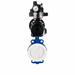 Затвор дисковый поворотный WBV3434Pf-2W-Fb-R Ду150 Ру16, корпус - угл. сталь WCB, диск - угл. сталь WCB, футерованный PTFE, уплотнение - PTFE, с пневмоприводом PA-DA-105-1, пневмораспределителем 4M310-08 AC220V, БКВ APL-410N EX и БПВ AFC2000