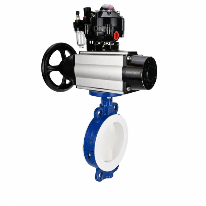 Затвор дисковый поворотный WBV3434Pf-2W-Fb-R Ду200 Ру16, корпус - угл. сталь WCB, диск - угл. сталь WCB, футерованный PTFE, уплотнение - PTFE, с пневмоприводом PA-DA-105-1, пневмораспределителем 4M310-08 AC220V, БКВ APL-510N EX и БПВ AFC2000 в Алматы