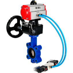 Затвор дисковый поворотный WBV1616N-2W-Fb-H Ду80 Ру16 LUG, корпус - чугун QT450, диск - чугун QT450, уплотнение - NBR, с пневмоприводом PA-DA-083, пневмораспределителем 4M320-10 AC220V и ручным дублером MON2-450-T28-ISO