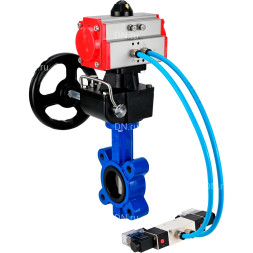 Затвор дисковый поворотный WBV1631E-2W-Fb-H Ду150 Ру16 LUG, корпус - чугун QT450, диск - нержавеющая сталь 304, уплотнение - EPDM, с пневмоприводом PA-DA-105, пневмораспределителем 4M320-10 AC220V и ручным дублером MON3-700-T38-ISO