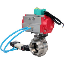Затвор дисковый поворотный WBV3131E-2W-T-H Ду32 Ру10 резьбовой, корпус - пищевая нержавеющая сталь 304, уплотнение - EPDM, с пневмоприводом PA-DA-052, пневмораспределителем 4M320-10 AC220V, магнитным переключателем ALS200D